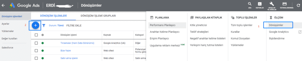 Google Ads'de 'Dönüşümler' bölümü.