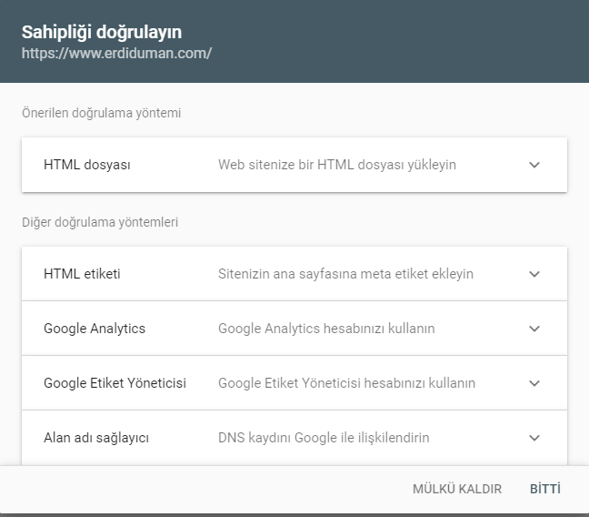 Google Search Console sahipliği doğrulama ekranı.