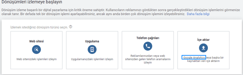 Google Ads Dönüşüm seçenekleri.